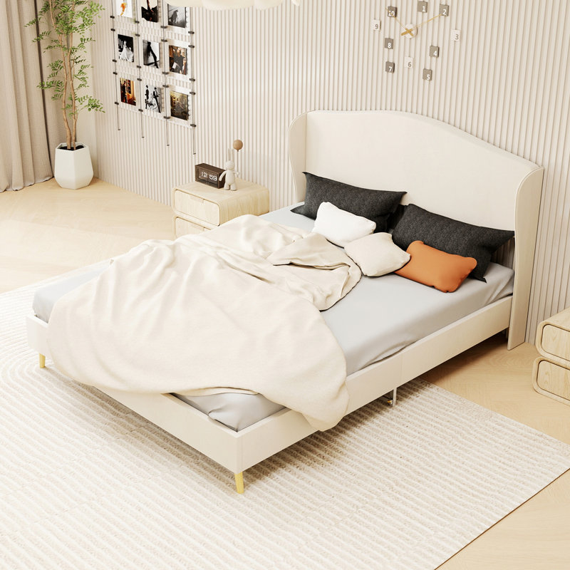 Upholstered Bed For Bedroom, Grand lit, Beige
