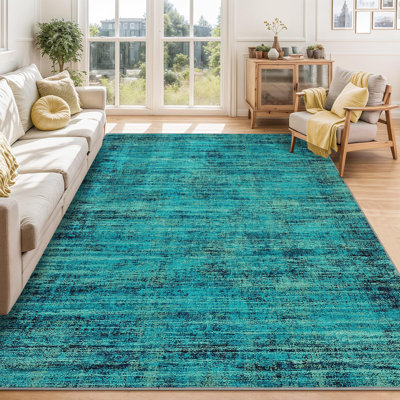 Washable Area Rug, Vintage Distressed Low Pile Non-Slip Foldable Retro Abstract Indoor Floor Carpet, Turquoise, 6'x9'