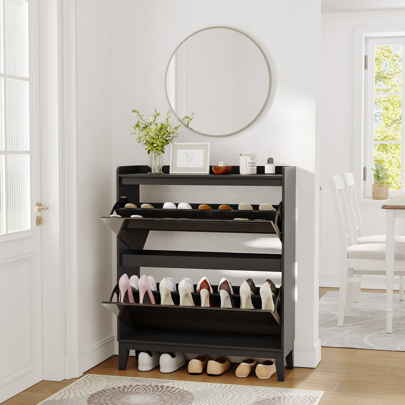Slim Mirrored Shoe Storage Cabinet With Flip-down Doors, Black