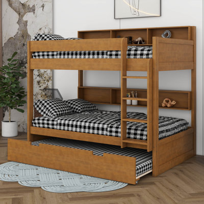 Lit superposé avec lit gigogne et rangement, lits superposés en bois avec tablettes de rangement, échelle et garde-corps pour adolescents ou adultes, chambre de dortoir