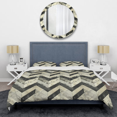 Beige Grey Herringbone Print II - Modern Duvet Cover Set