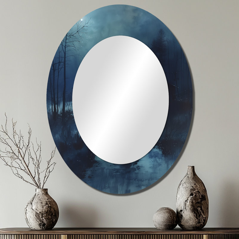 Blue Mystic Winter Barn In The Dark I - Miroir mural ovale traditionnel bleu, 40 po x 30 po