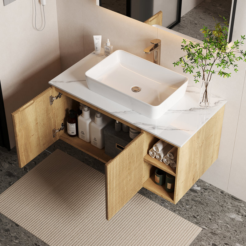 Meuble-lavabo simple avec comptoir en pierre frittée Dexheart, Rustic Light Oak, 30"
