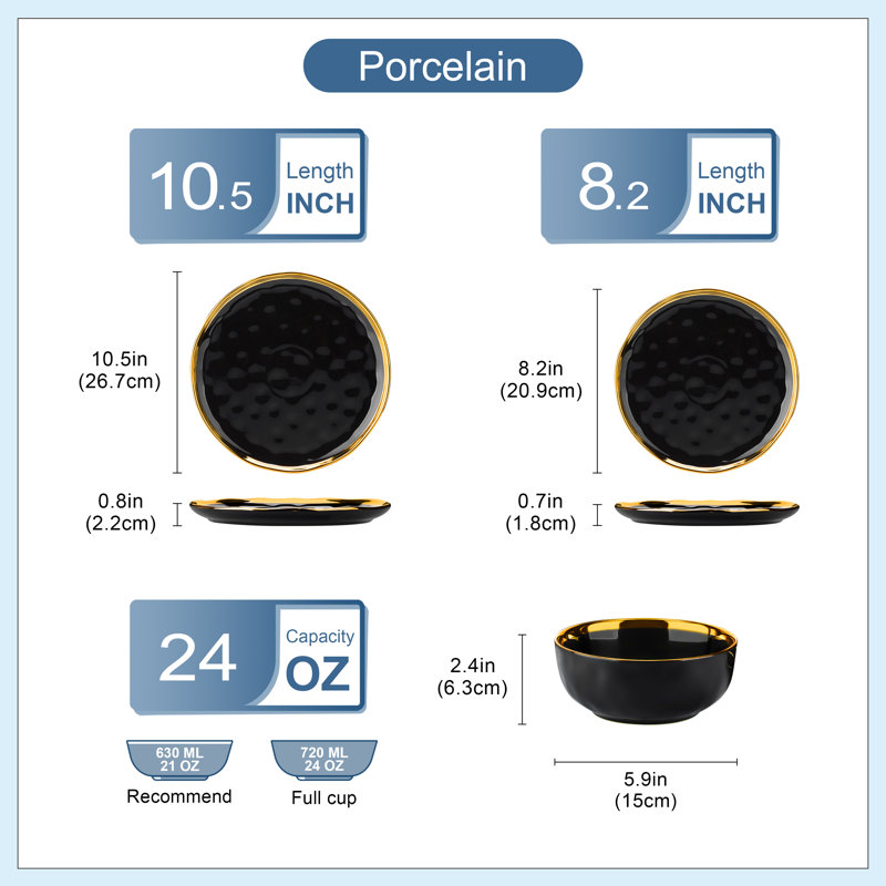 12 Piece Ceramic Dinnerware Set - Service for 4 , Gold/Black