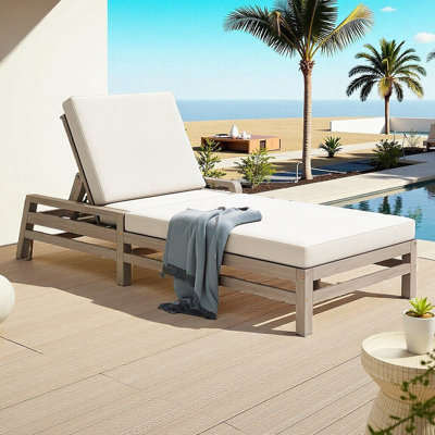 5-Position Adjustable Outdoor Chaise Lounge, Solid Acacia Wood Patio Recliner with Thick Weather-Resistant Cushions, 400 lb Capacity for Poolside, Balcony & Garden