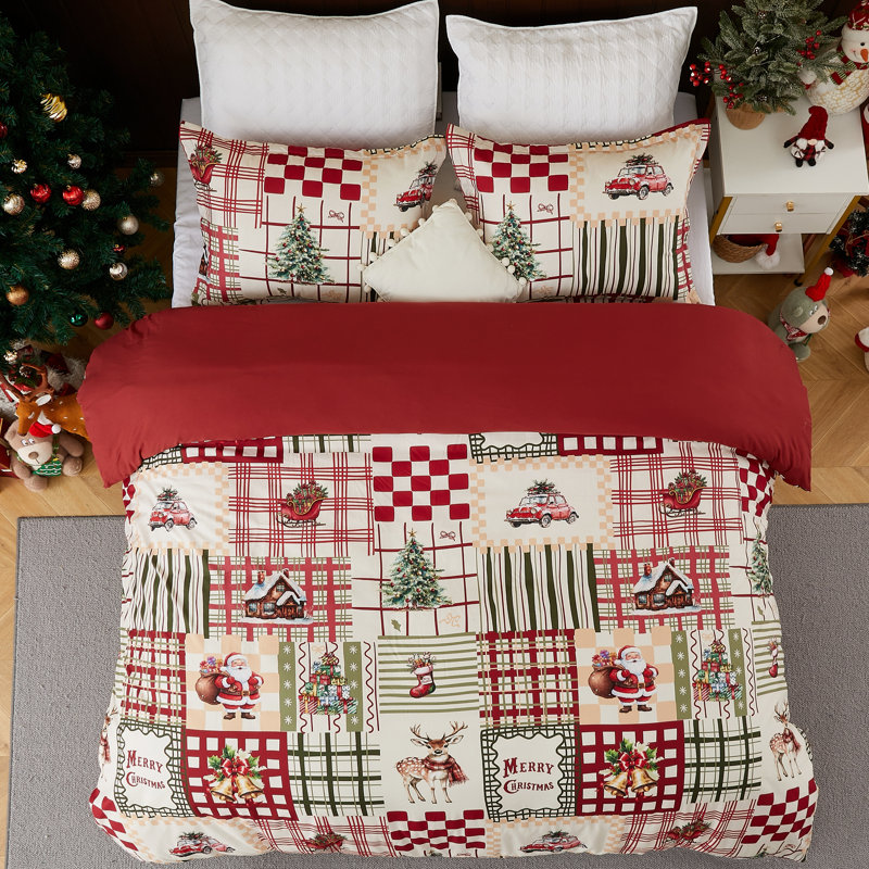 104"x90" Traditional Christmas Plaid King Duvet Cover Set, Red & Green Holiday Bedding with Lightweight 90GSM Polyester Fabric, Soft Wash Feel, 3 Piece Set