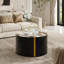 Table basse cylindrique noire et noire en verre noir avec miroir effet poudré doré Motif de marbre Autocollant Table d'appoint Décoration intérieure moderne Espace de vie compact.