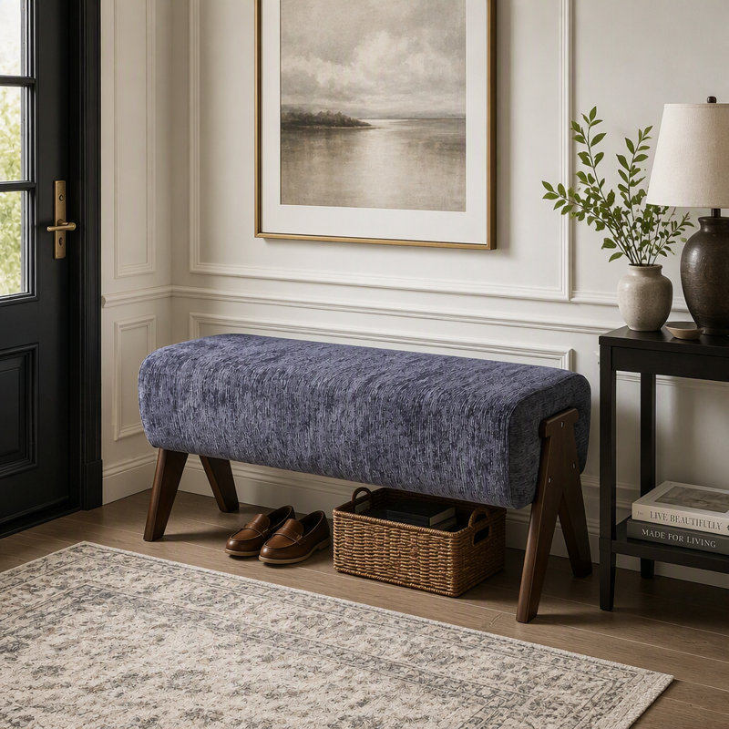 Banc d'entrée en tissu chenille avec assise rembourrée ergonomique et pieds en forme de V, Bleu / patchwork, Bleu