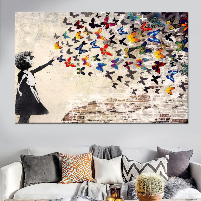 Reproduction d'art sur toile imprimée: Modern Banksy Girl Butterfly Decor, 1P BlackFramedCanves
