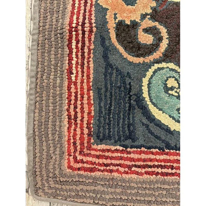 Tapis traditionnel crocheté en laine traditionnel américain à motif de feuilles des années 1880 3 pi 0 po x 3 pi 0 po