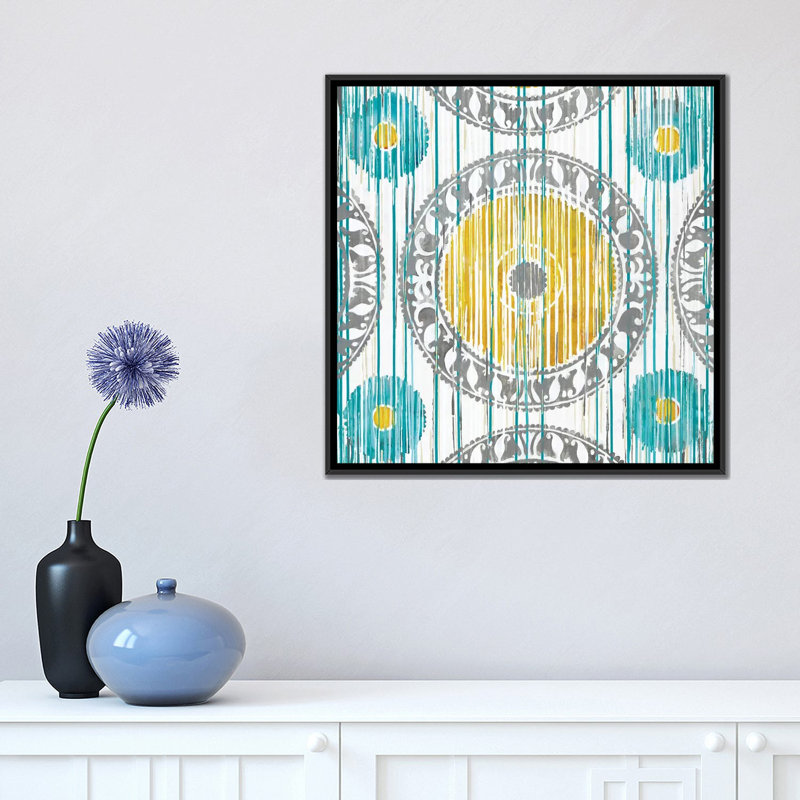 « spring ikat », reproduction d’impression sur toile, H 18 po x l 18 po x P 1,5 po, Toile avec cadre noir, Pas de tapis
