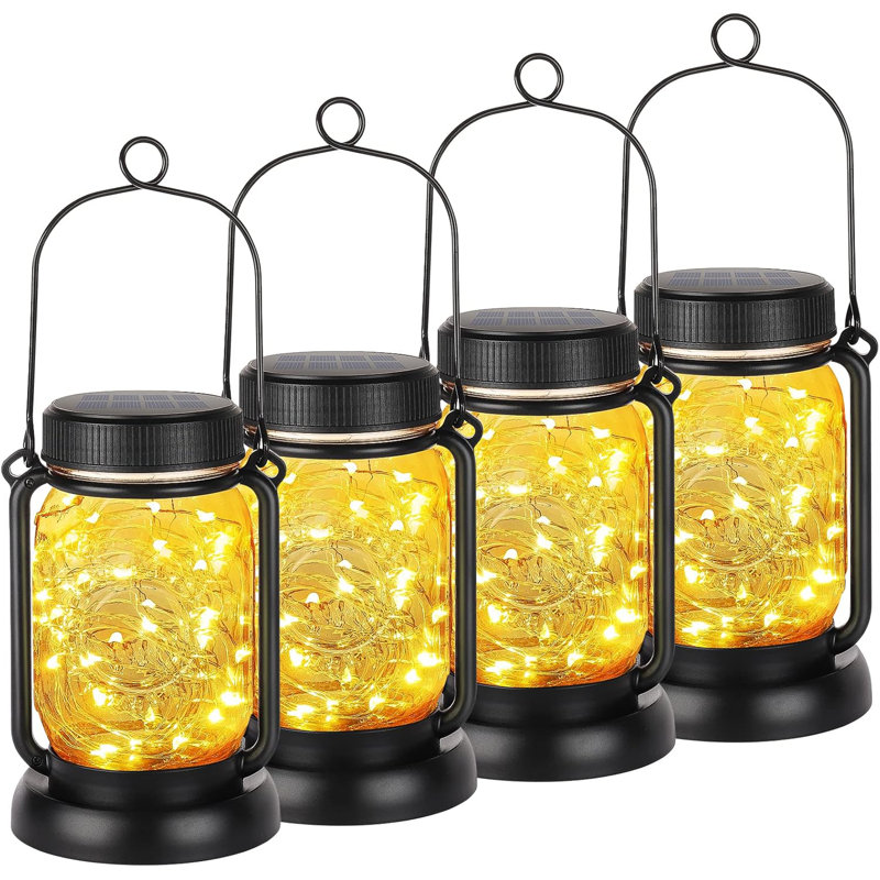 4 Pack Solar Hanging Lantern With Stakes, Gold