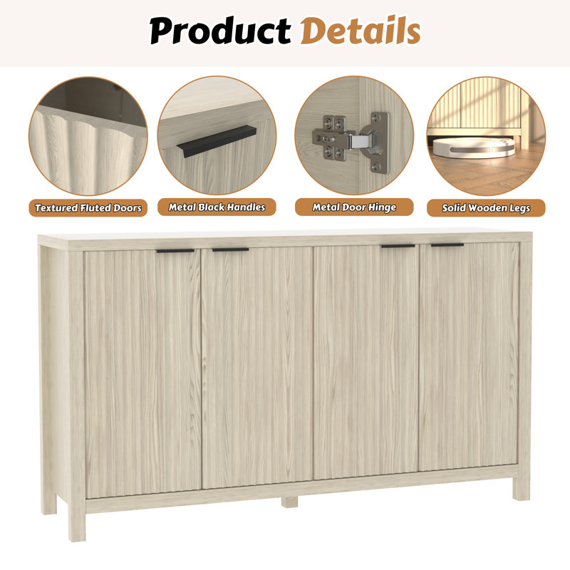 55' Sideboard with Fluted Door, Natural Wood