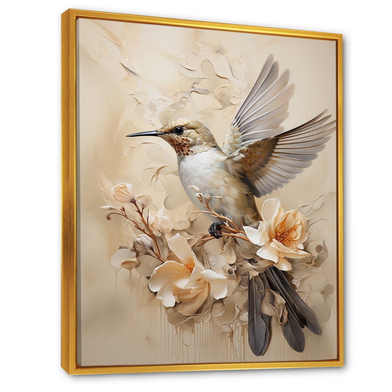 Colibri floral flottant I - Art mural colibri pour le salon, Cadre flottant doré, H 32 po x l 24 po x P 1 po