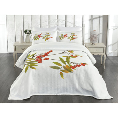 Ambesonne Rowan Bedspread Set Ashberry Paint Print Nature White Green Ruby