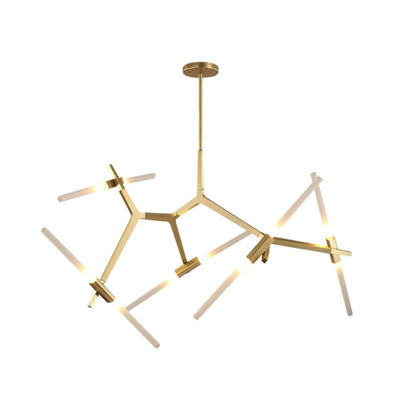 Modern 10-Light Brushed Brass LED Linear Chandelier – Adjustable Branch Ceiling Light for Kitchen Island or Dining Room