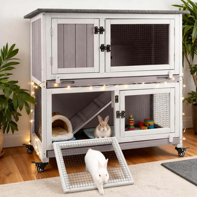Cage à lapin à 2 étages avec roulettes, cage à lapin en bois avec 2 plateaux coulissants et toit imperméable