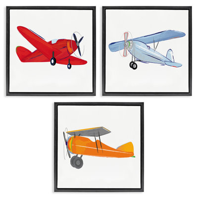 «Triple Colorful Airplanes Dessin», ensemble de 3 toiles flottantes encadrées noires par Sweet Pea Studio