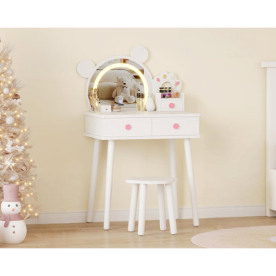 Kids Vanity Table with Lights,Cute Bear-Shaped Dressing Tables with Mirror&Storage Drawers,Wooden Princess Toddler Make Up Table Set,Pretend Play Vanity Sets