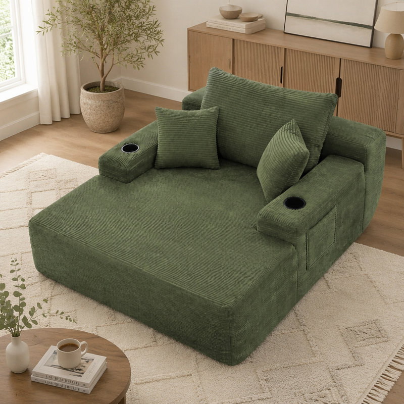 Méridienne convertible avec velours côtelé, accoudoirs larges, coussins décoratifs et porte-gobelet, aucun assemblage requis, idéale pour le salon et la chambre à coucher