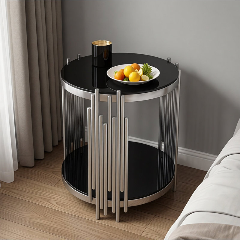 19.7" Round 2-Tier Glass End Table – Modern Luxury Side Table with Stainless Steel Frame & Clear Tempered Glass, Silver Finish, for Living Room/Home Office