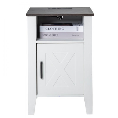 Ensemble de 2 tables d'appoint de style ferme, table de chevet avec station de recharge, table d'appoint à 3 niveaux avec rangement, table d'appoint avec ports USB et prises électriques, chambre, bureau, blanc, idéal pour le salon