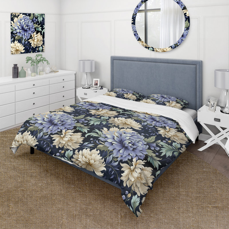 Ensemble de housse de couette floral pivoines bleues et blanches damassées III