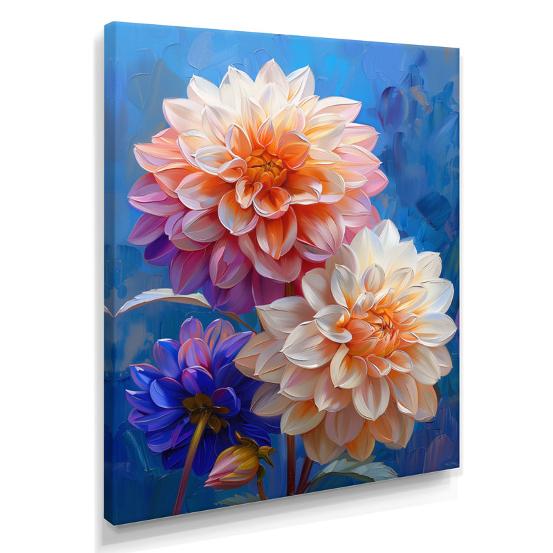 Danse des fleurs de dahlia rose bleu, collage I - impression d'art mural Dahlia, Toile tendue, H 30 po x l 40 po