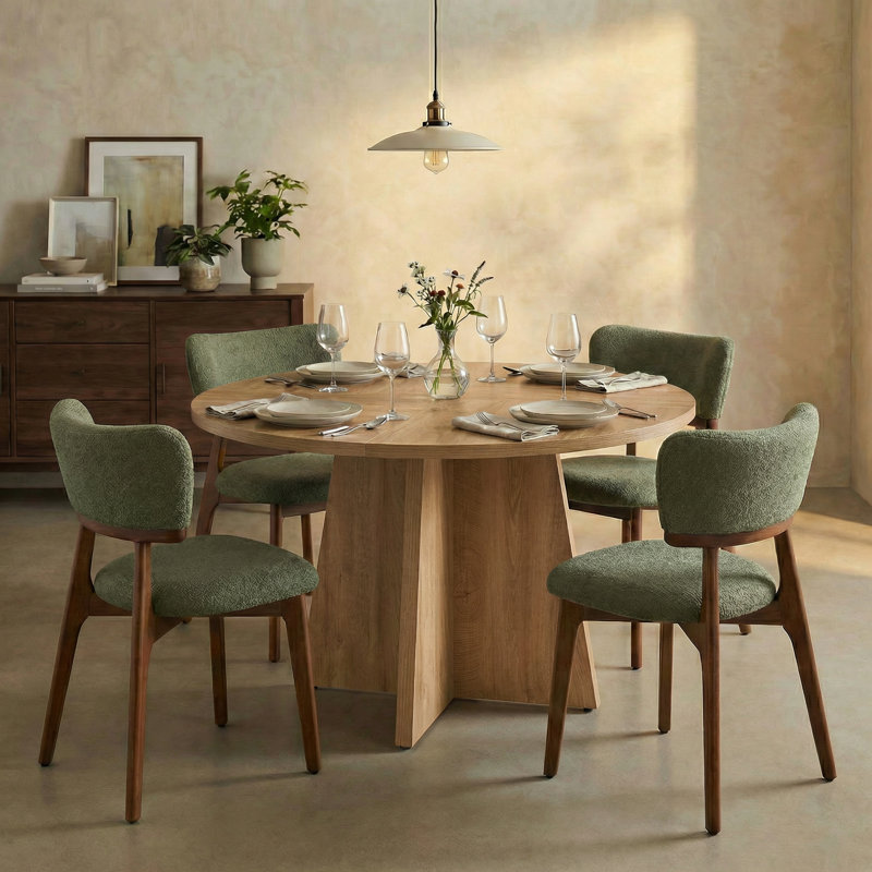 Rohun 47.2"L Round Modern Kitchen Dining Table Set With 32.1"H Dining Chair, Green, 5 Pieces: Table, 4 Chairs, Light Brown