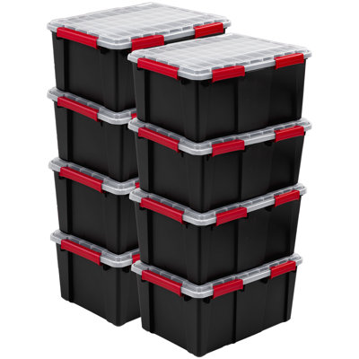 Sterilite 20 Gal Gasket Box, Stackable Storage Container with Lid, Black, 8 Pack