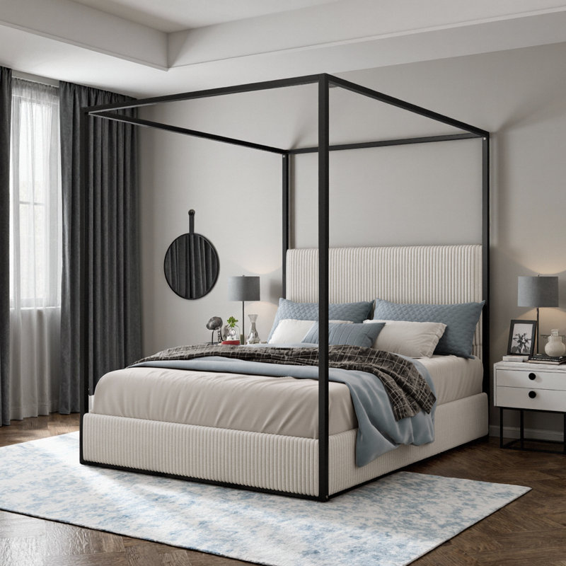 Queen Size Luxury Metal Canopy Bed with Tall Plush Corduroy Headboard & Frame Support - No Box Spring Needed, White, Queen