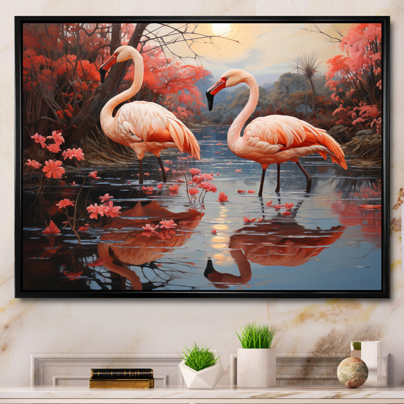 Flamant flamant rose pastel - imprimé, H 34 po x l 44 po x P 1,5 po, Cadre flottant noir