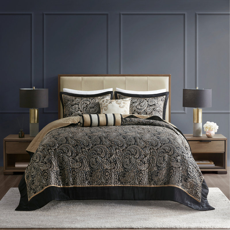 Ensemble de couvre-lit classique en jacquard 5 pièces avec coussins décoratifs, grand, élégant et facile d'entretien