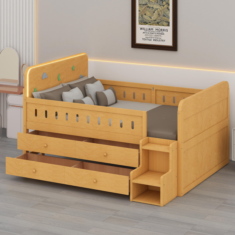 Lit en bois avec lumière DEL, tiroirs de rangement, Bois