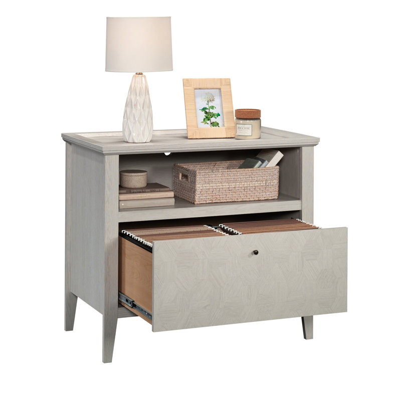 Classeur latéral gris, rangement de documents de bureau personnel, tiroir spacieux, dossiers de format lettre et légal, glissières lisses, design moderne, motif décoratif, pieds fuselés blancs, assemblage facile à assembler