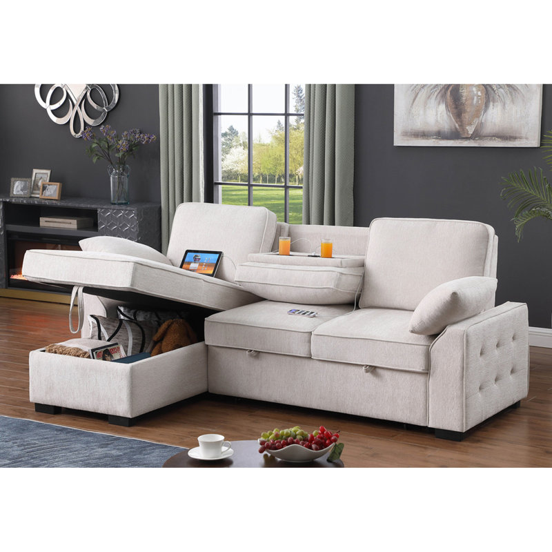 91"W Chenille Fabric Reversible Sleeper Sectional With Storage Chaise, Drop-Down Table, Cup Holders And Charging Ports