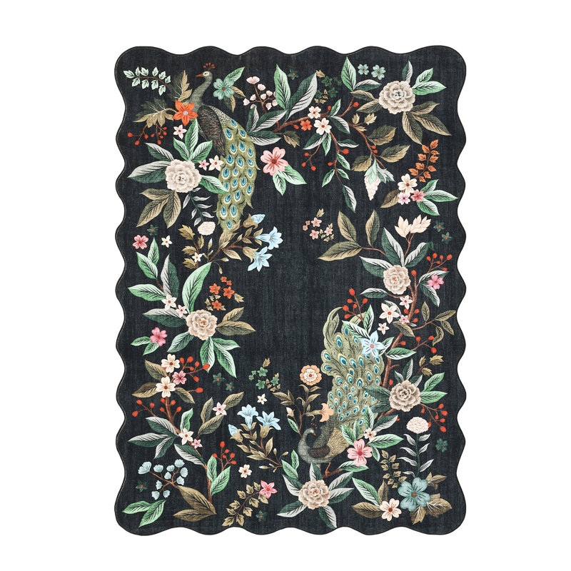 Tapis festonné à motif festonné de paon à motif floral de 5 x 7 po pour le salon et la chambre à coucher Tapis antidérapant pour la salle à manger