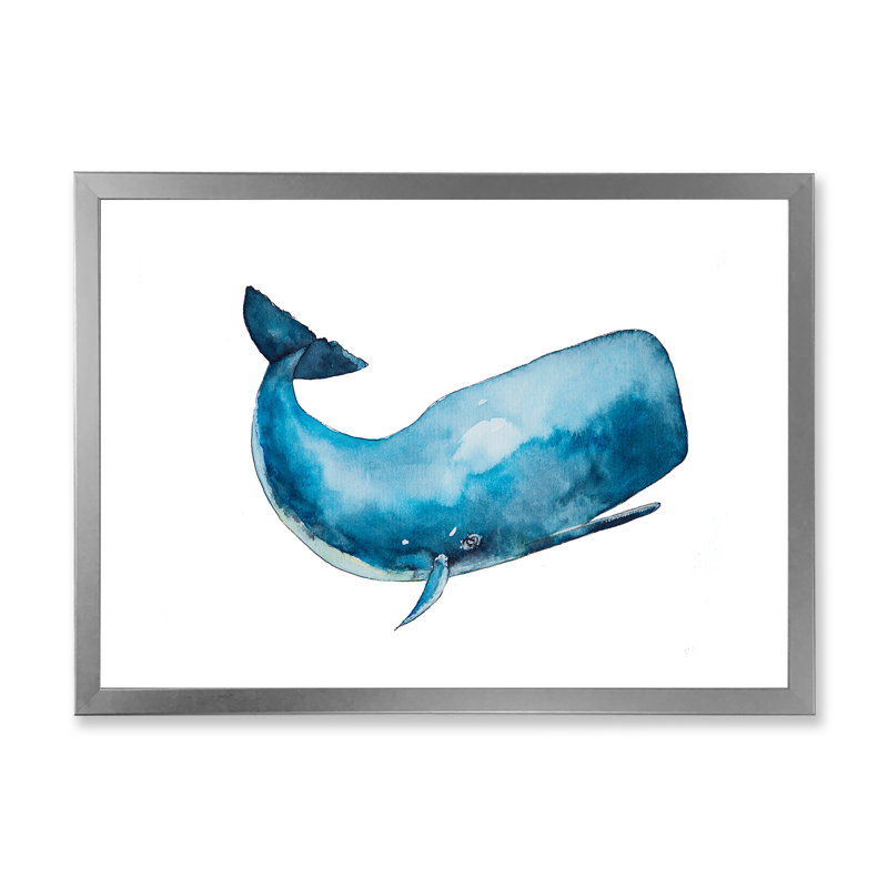 Baleine bleue sur fond blanc I - Peinture sur toile, H 24 po x l 32 po x P 1 po, Cadre photo argenté