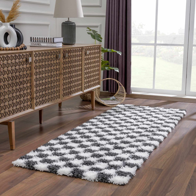 Atiray Shag Checkered Modern Black / White Area Rug, Runner 2'7" x 10'