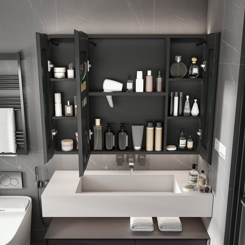 LED Cabinet Mirror with Defogging Function, Storage Rack and Hair Dryer Holder