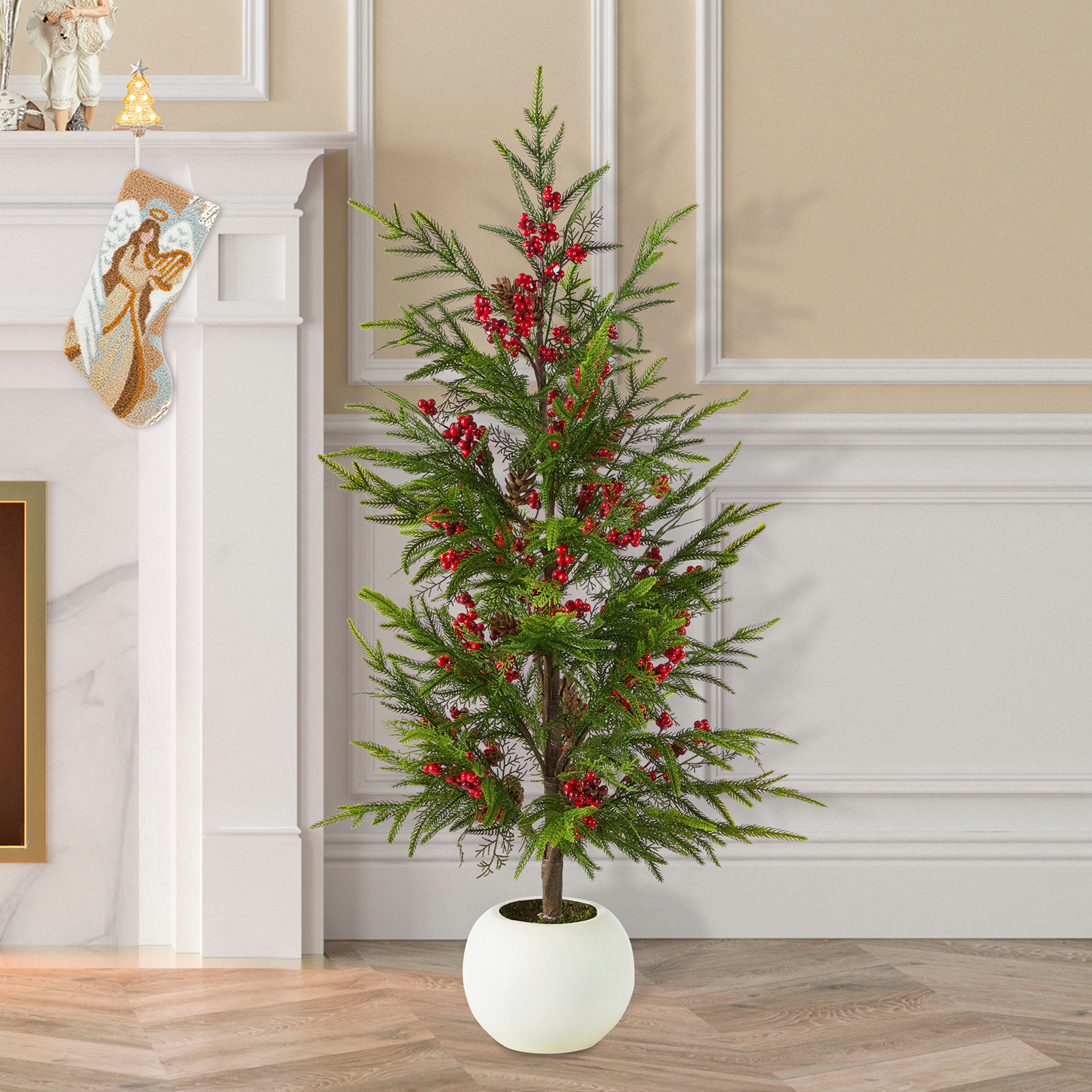37.5"H Christmas Greenery PE Dripping Pine Porch Tree With Pinecones And Red Berries
