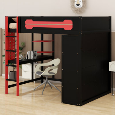 All-in-One Wood Loft Bed with Desk, Open Wardrobe & RGB Light