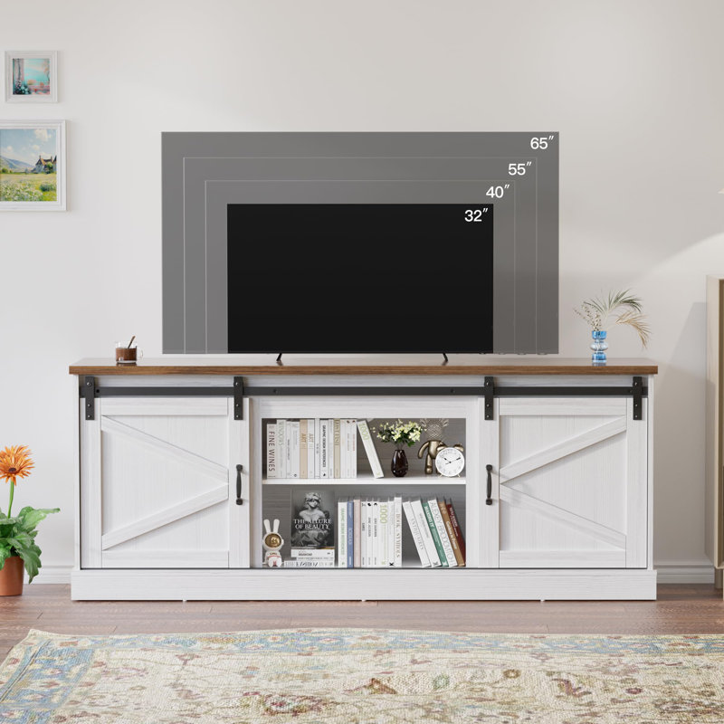 Meuble télé 67 po avec portes de grange coulissantes pour téléviseur de 75 po ou moins, console multimédia en bois massif rustique