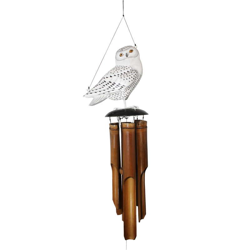 Handcrafted Snowy Owl Bamboo Wind Chime with Natural Finish