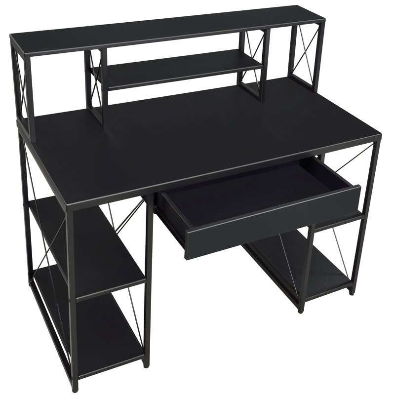 Bureau noir avec tablettes ouvertes et huche, Noir