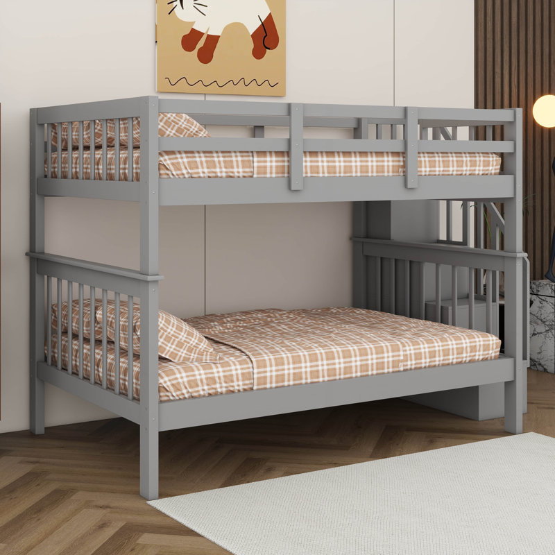 Full Over Full Size Bunk Bed, Convertible To 2 Platform Beds, Solid Wooden Bunk Bed With Storage Staircase, Safety Guardrails