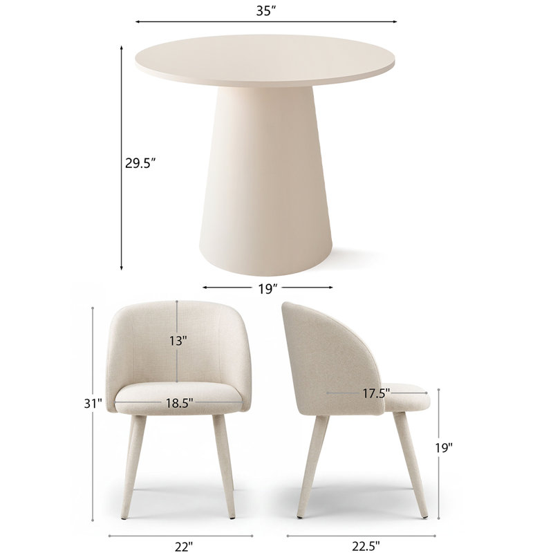 Modern 35" Round Dining Set with 4 Upholstered Armchairs, White