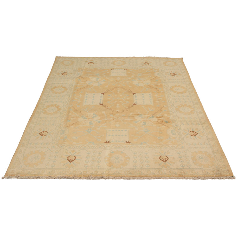 Tapis de bois one-of-kind-noué la 2010 ushak brun/crème/bleu ciel 7 pi 10 po x 10 pi zone de laine 1 po Avner