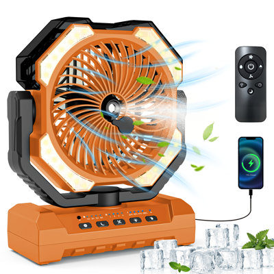 Ventilateur de brume de camping rechargeable 16 000 mAh, réservoir d'eau 250 ml, 4 vitesses, télécommande, minuterie, 4 lumières DEL