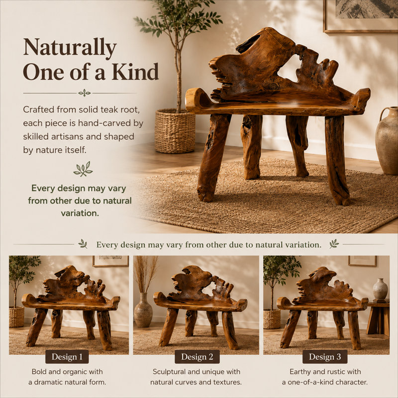 Burruss Teak Root Chair Handmade Rustic Wooden Accent Chair Statement Natural Wood Seat For Garden